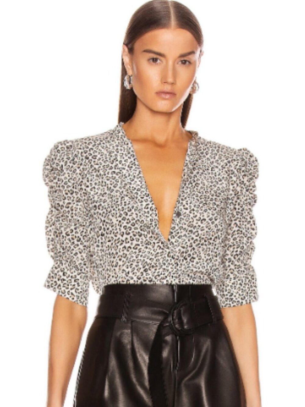 FRAME Denim Shirred Sleeve Button Up Top Size XS 100% Silk Leopard Print